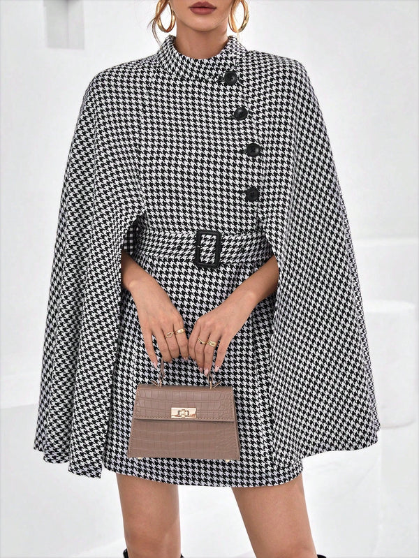 Houndstooth Print Cloak Sleeve Belted Coat - SmartBuyApparel - Women Coats