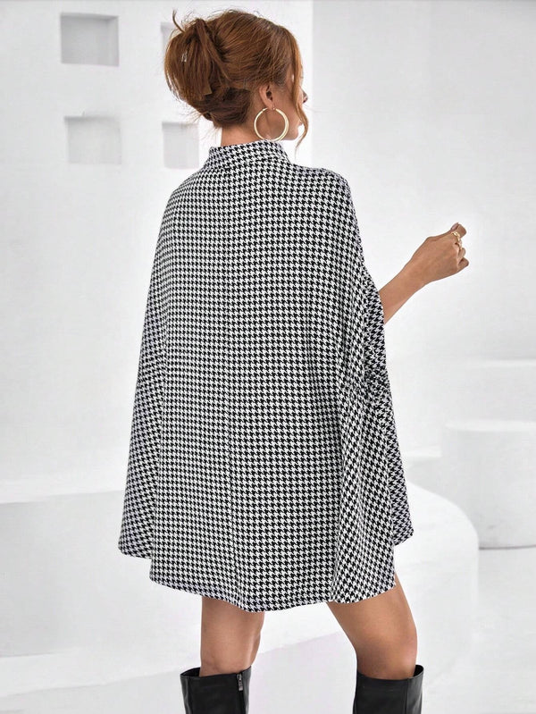 Houndstooth Print Cloak Sleeve Belted Coat - SmartBuyApparel - Women Coats