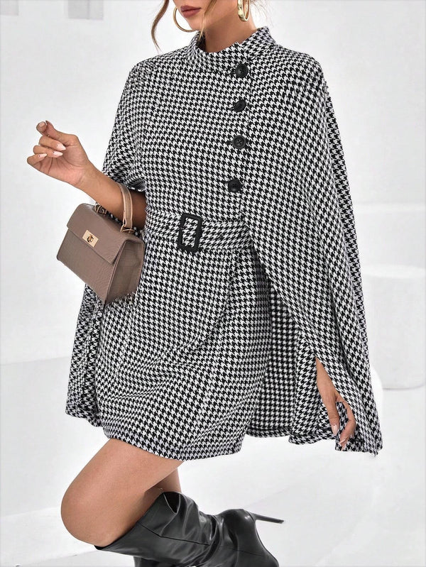 Houndstooth Print Cloak Sleeve Belted Coat - SmartBuyApparel - Women Coats