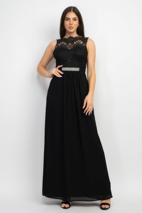 Jewel Waist - tie Lace Maxi Dress - Dress - SmartBuyApparel