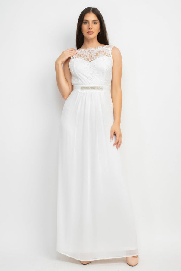 Jewel Waist - tie Lace Maxi Dress - Dress - SmartBuyApparel