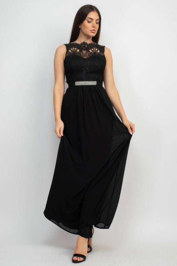 Jewel Waist - tie Lace Maxi Dress - Dress - SmartBuyApparel