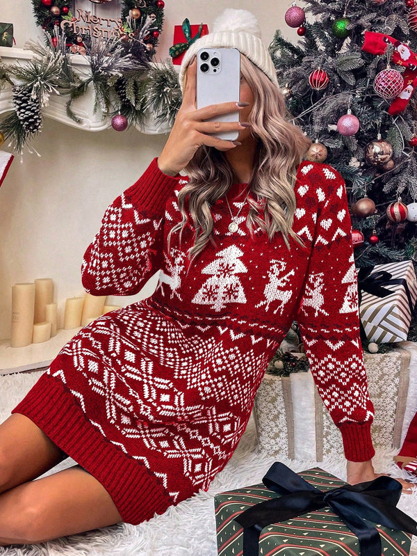 Jolly Christmas Pattern Sweater Dress - SmartBuyApparel - Women Sweater Dresses