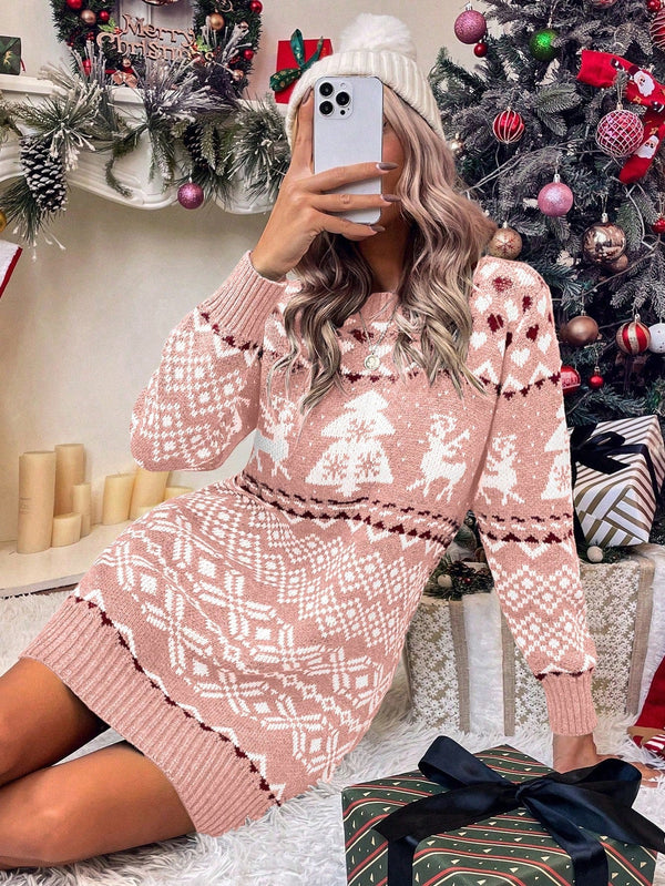 Jolly Christmas Pattern Sweater Dress - SmartBuyApparel - Women Sweater Dresses