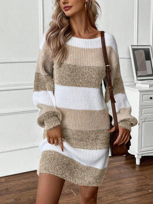 KALI Striped Pattern Drop Shoulder Sweater Dress - SmartBuyApparel - Women Sweater Dresses