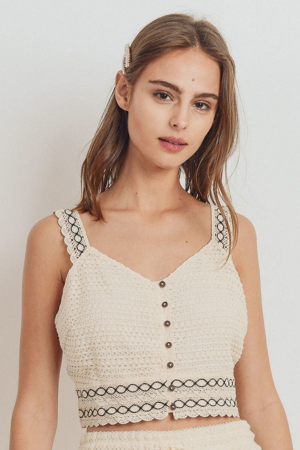 Knit Laced Buttoned Shoulder Strap Women's Top - Type: Women's top - SmartBuyApparel
