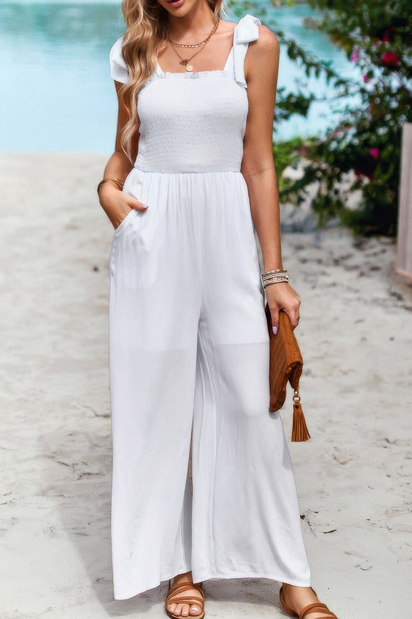 Knot Soild Ruched High Waist Pockets Jumpsuit - | SmartBuyApparel