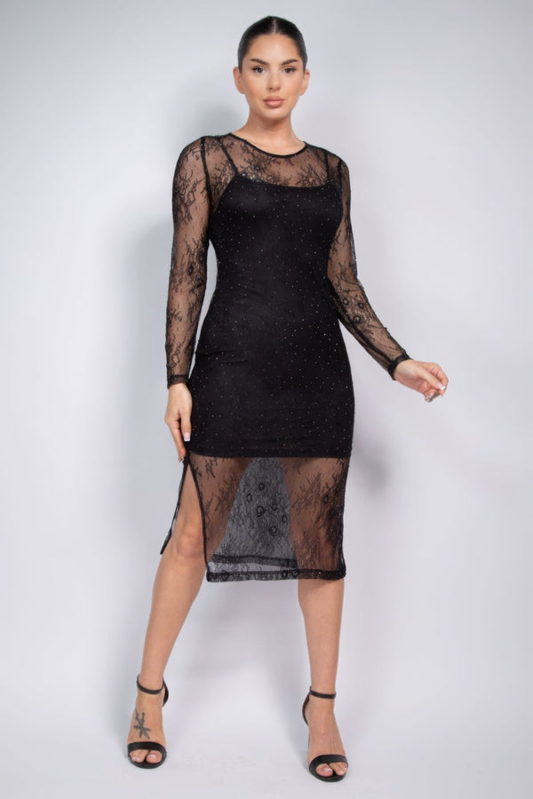 Lace Rhinestone - studded Slit Midi Dress - Dress - SmartBuyApparel
