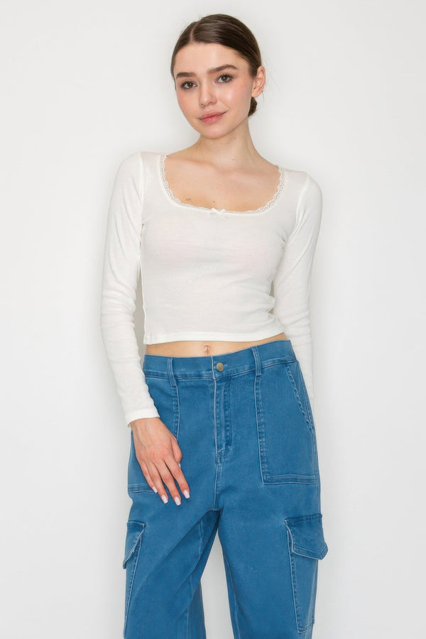Lace Trim Square Long Sleeve Top - Women's top - SmartBuyApparel