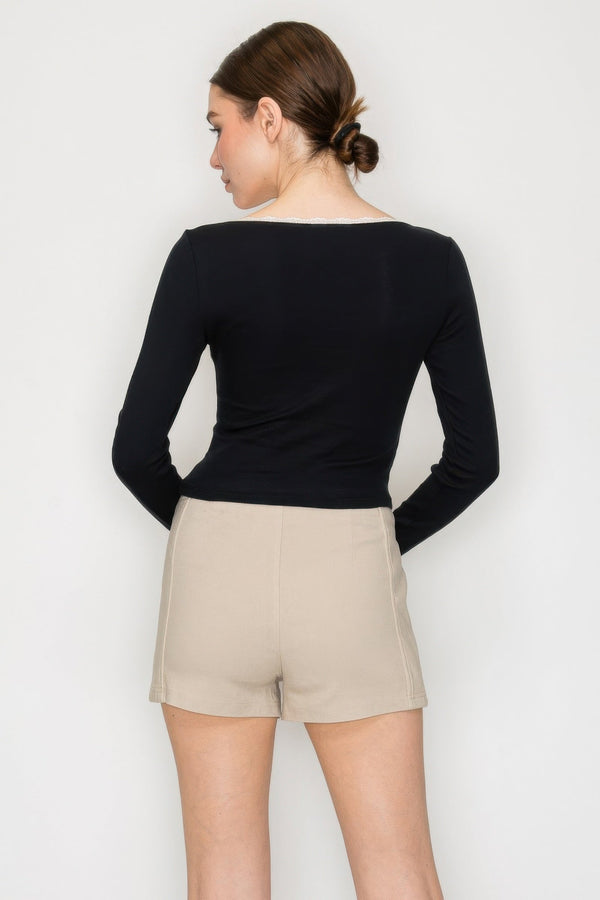 Lace Trim Square Long Sleeve Top - Women's top - SmartBuyApparel