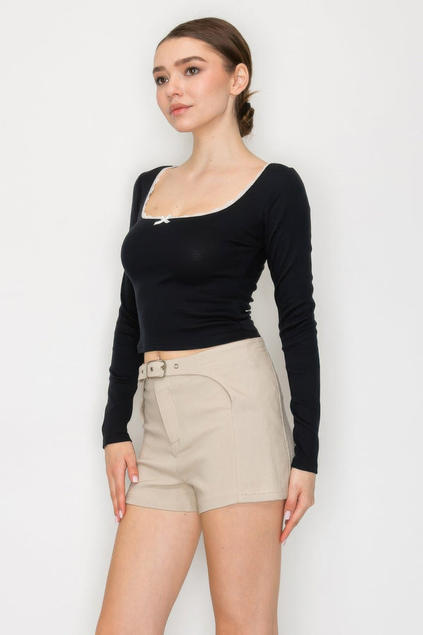Lace Trim Square Long Sleeve Top - Women's top - SmartBuyApparel