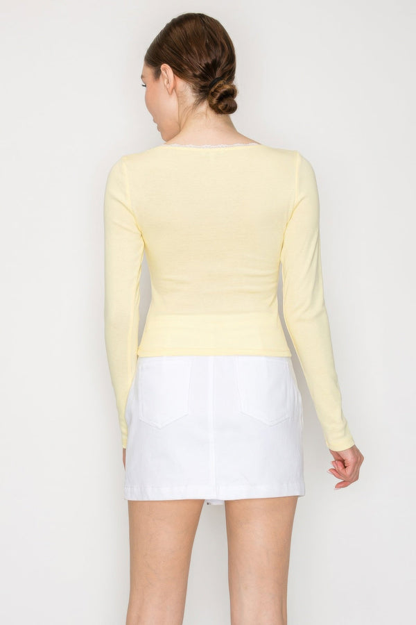 Lace Trim Square Long Sleeve Top - Women's top - SmartBuyApparel