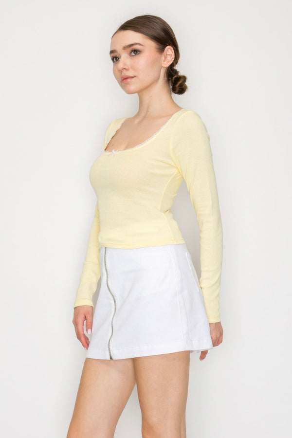 Lace Trim Square Long Sleeve Top - Women's top - SmartBuyApparel