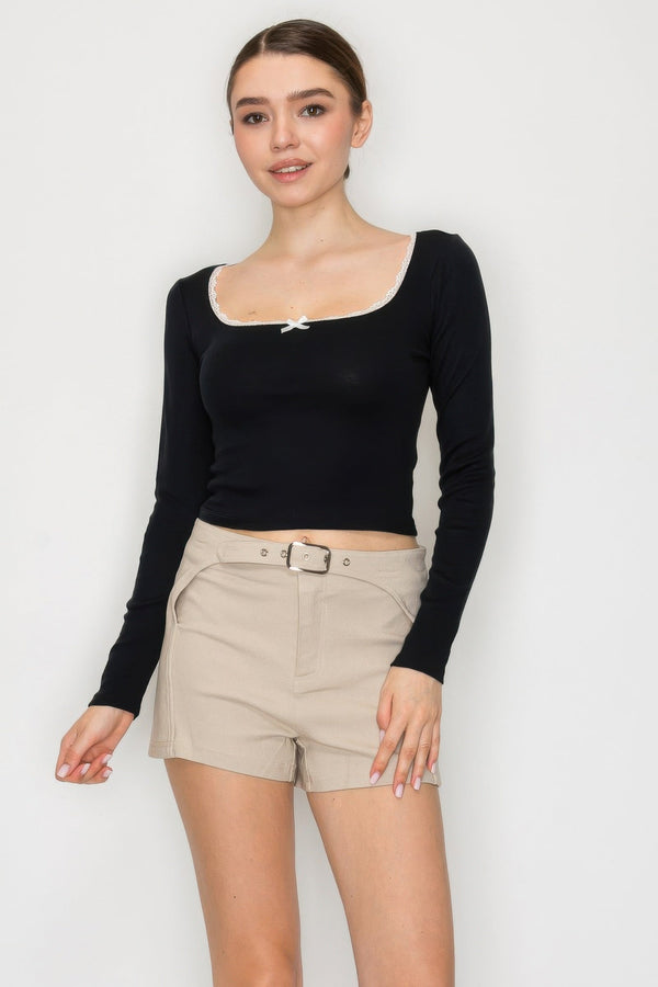 Lace Trim Square Long Sleeve Top - Women's top - SmartBuyApparel