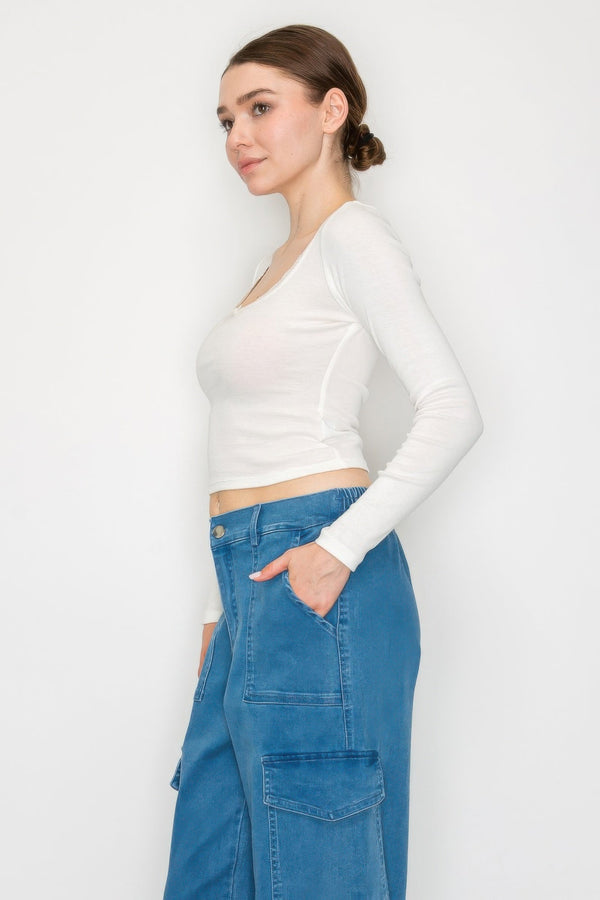 Lace Trim Square Long Sleeve Top - Women's top - SmartBuyApparel