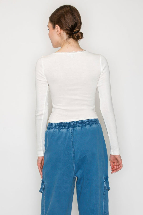 Lace Trim Square Long Sleeve Top - Women's top - SmartBuyApparel
