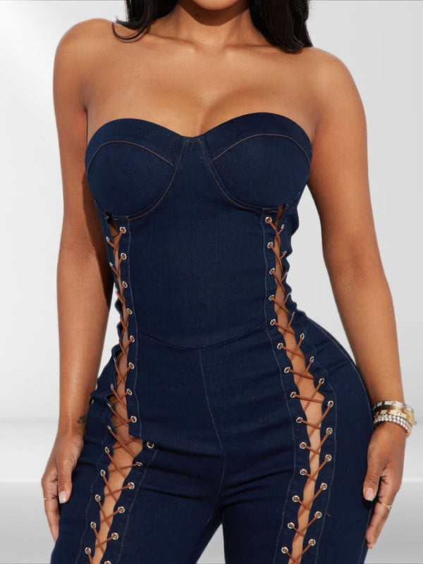 Lace Up Detail Denim Jumpsuit - | SmartBuyApparel