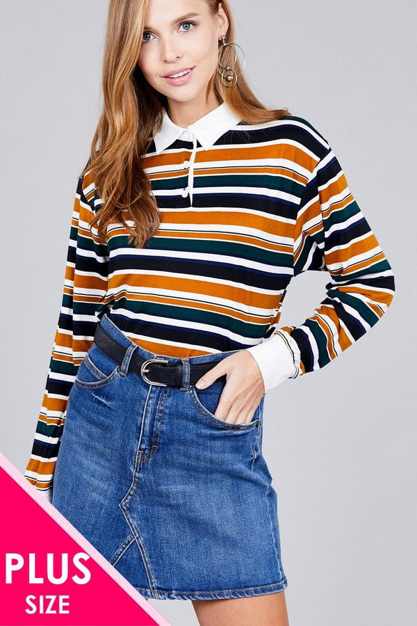 Ladies Fashion Plus Size Long Sleeve Multi Striped DTY Brushed Shirt - Women's shirt - SmartBuyApparel