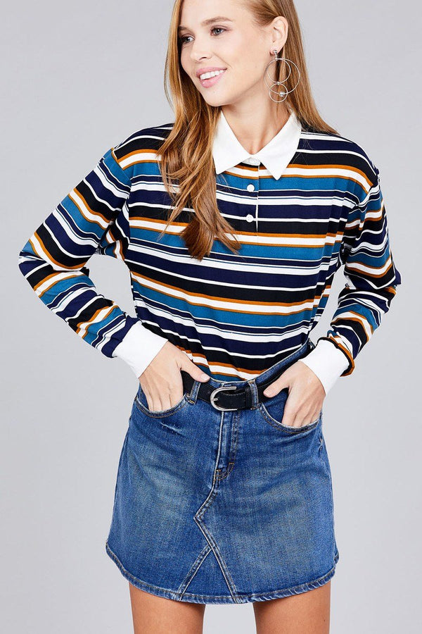 Ladies Fashion Plus Size Long Sleeve Multi Striped DTY Brushed Shirt - Women's shirt - SmartBuyApparel