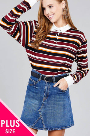 Ladies Fashion Plus Size Long Sleeve Multi Striped DTY Brushed Shirt - Women's shirt - SmartBuyApparel
