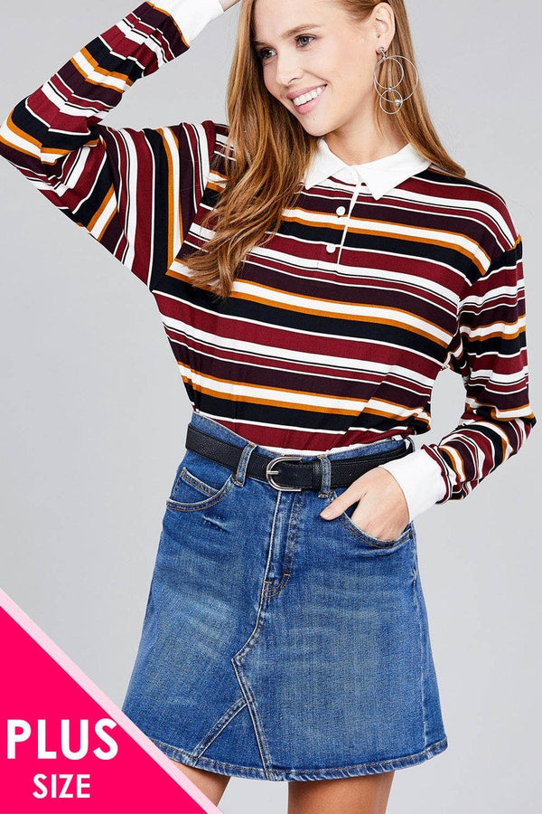 Ladies Fashion Plus Size Long Sleeve Multi Striped DTY Brushed Shirt - Women's shirt - SmartBuyApparel