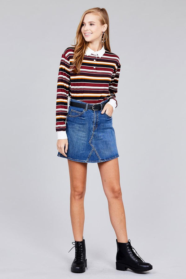 Ladies Fashion Plus Size Long Sleeve Multi Striped DTY Brushed Shirt - Women's shirt - SmartBuyApparel