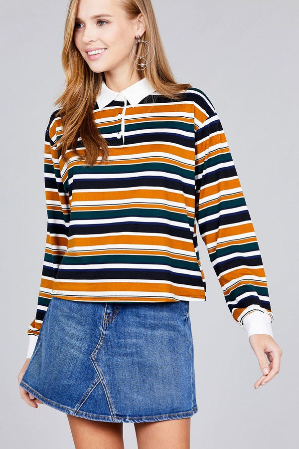 Ladies Fashion Plus Size Long Sleeve Multi Striped DTY Brushed Shirt - Women's shirt - SmartBuyApparel