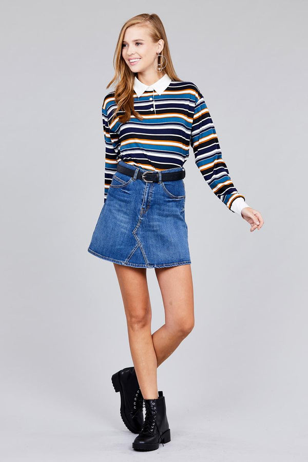 Ladies Fashion Plus Size Long Sleeve Multi Striped DTY Brushed Shirt - Women's shirt - SmartBuyApparel