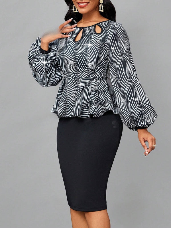 Lady Graphic Print Keyhole Neckline Lantern Sleeve Peplum Top & Pencil Skirt - SmartBuyApparel - Women Two - piece Outfits