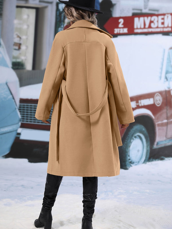 Lapel Neck Double Breasted Belted Overcoat - SmartBuyApparel - Women Overcoats