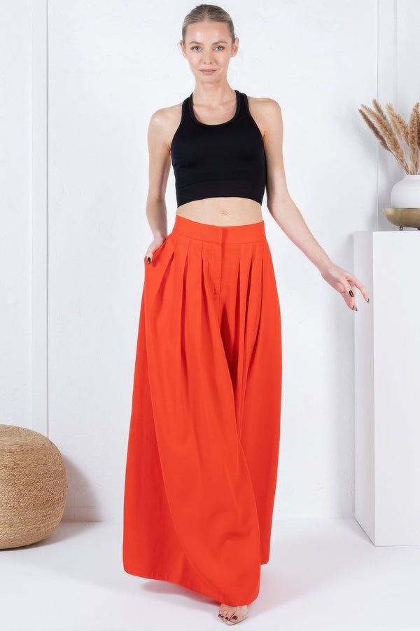 Large Hem Wide Leg Pleated Solid Pants - | SmartBuyApparel