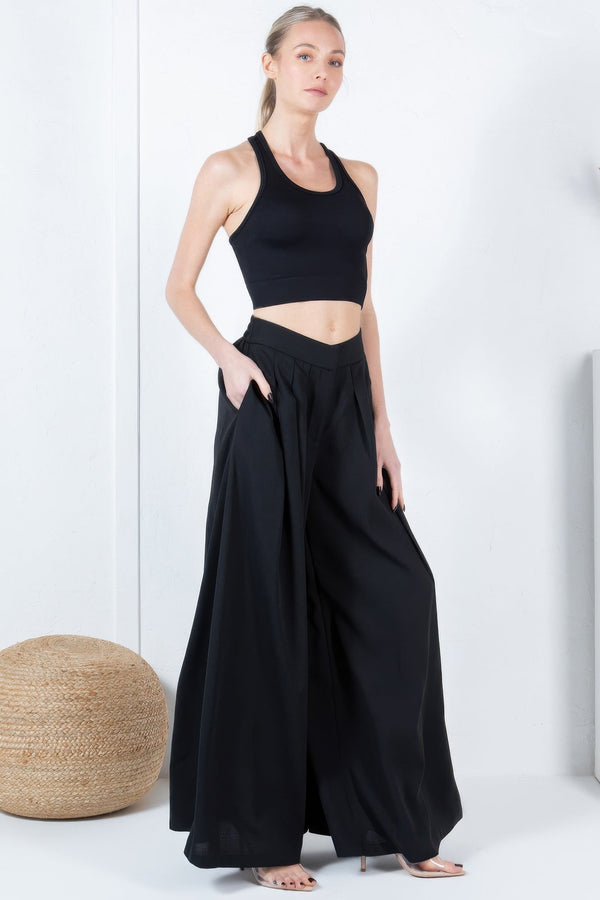 Large Hem Wide Leg Pleated Solid Pants - | SmartBuyApparel