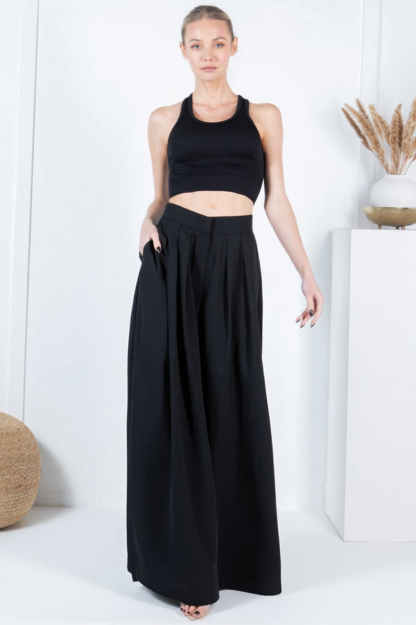 Large Hem Wide Leg Pleated Solid Pants - | SmartBuyApparel