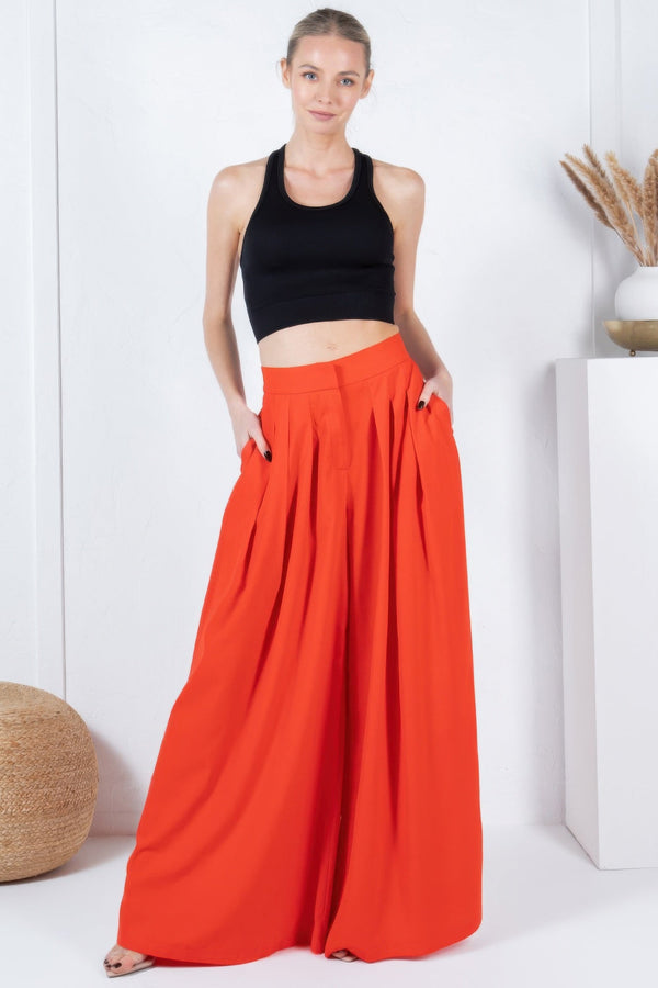 Large Hem Wide Leg Pleated Solid Pants - | SmartBuyApparel