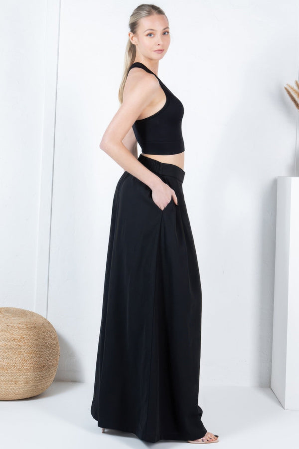 Large Hem Wide Leg Pleated Solid Pants - | SmartBuyApparel