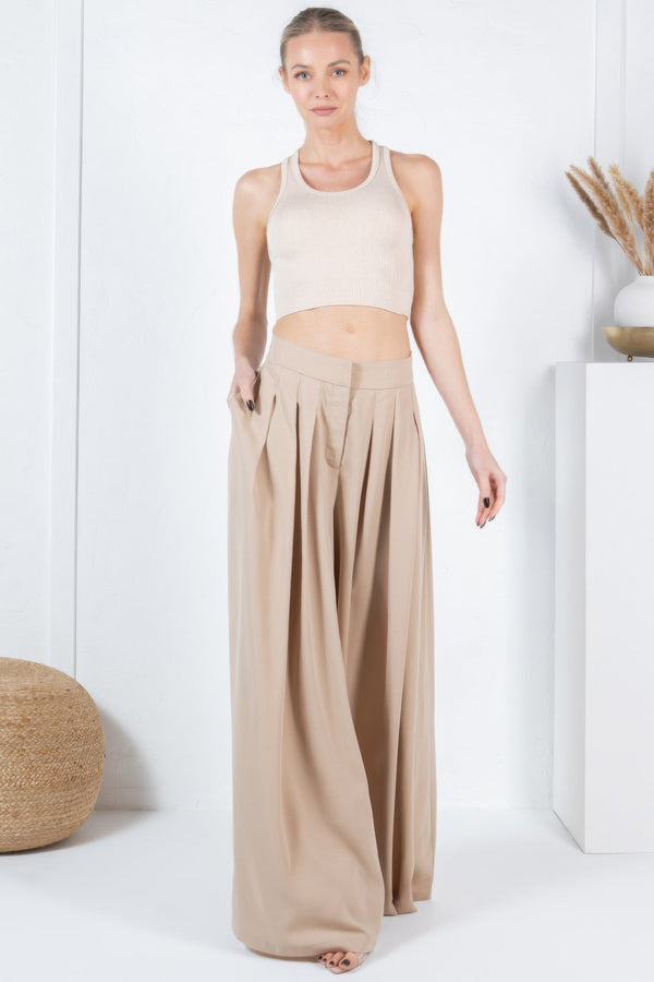 Large Hem Wide Leg Pleated Solid Pants - | SmartBuyApparel