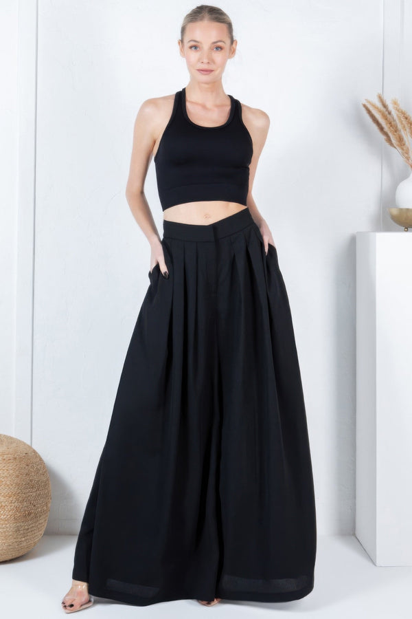 Large Hem Wide Leg Pleated Solid Pants - | SmartBuyApparel