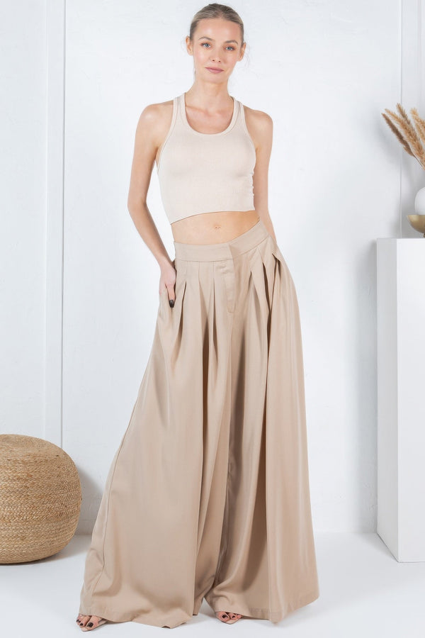 Large Hem Wide Leg Pleated Solid Pants - | SmartBuyApparel