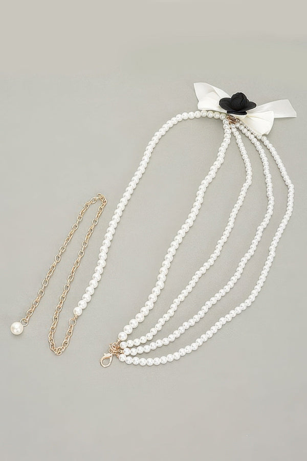 Layered Faux Pearl Flower Ribbon Belt - | SmartBuyApparel