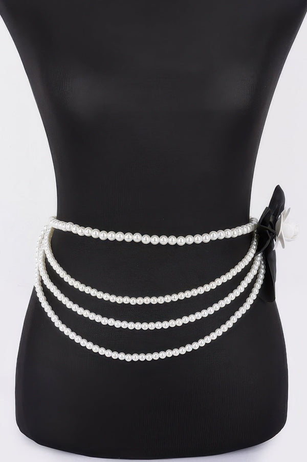 Layered Faux Pearl Flower Ribbon Belt - | SmartBuyApparel