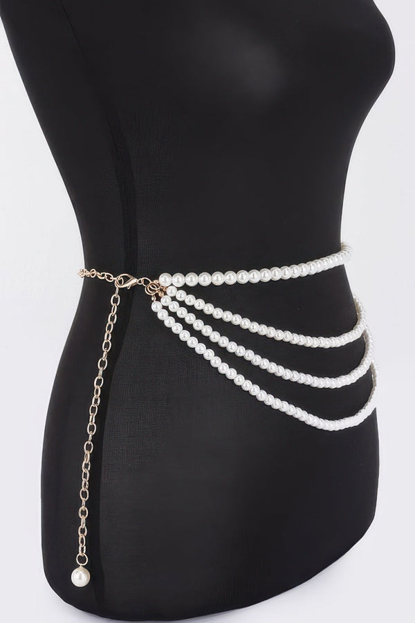 Layered Faux Pearl Flower Ribbon Belt - | SmartBuyApparel