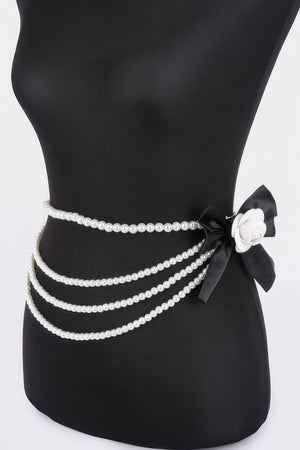 Layered Faux Pearl Flower Ribbon Belt - | SmartBuyApparel