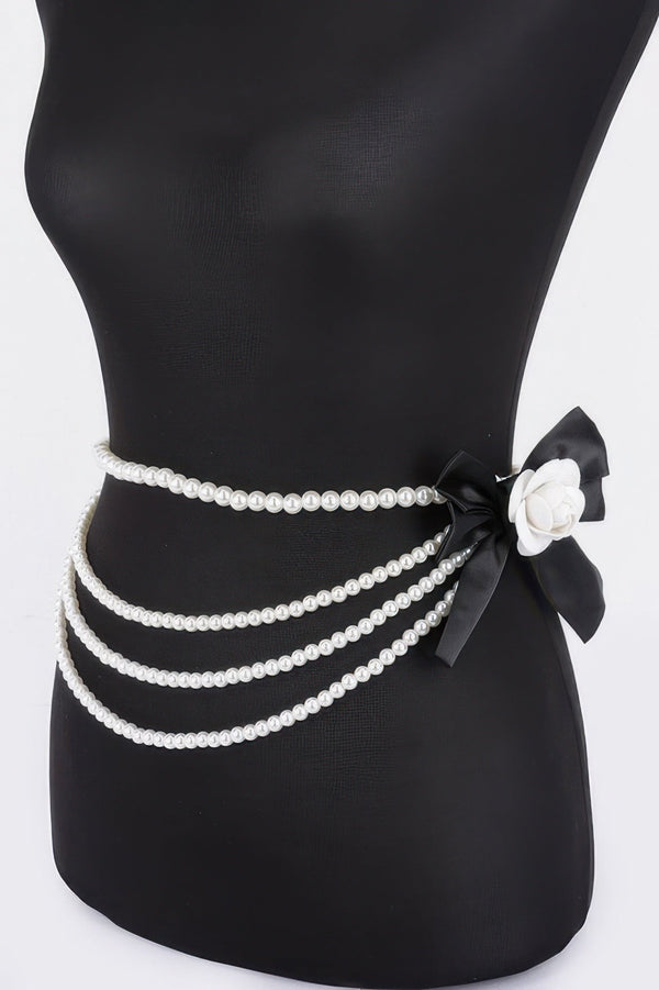 Layered Faux Pearl Flower Ribbon Belt - | SmartBuyApparel