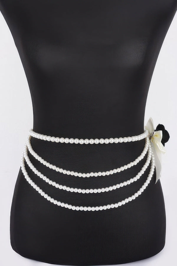 Layered Faux Pearl Flower Ribbon Belt - | SmartBuyApparel