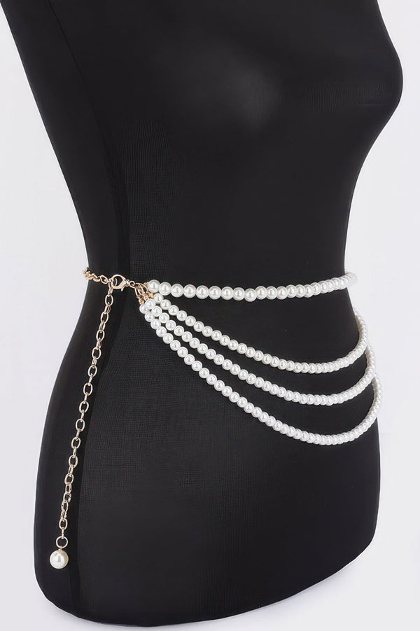 Layered Faux Pearl Flower Ribbon Belt - | SmartBuyApparel