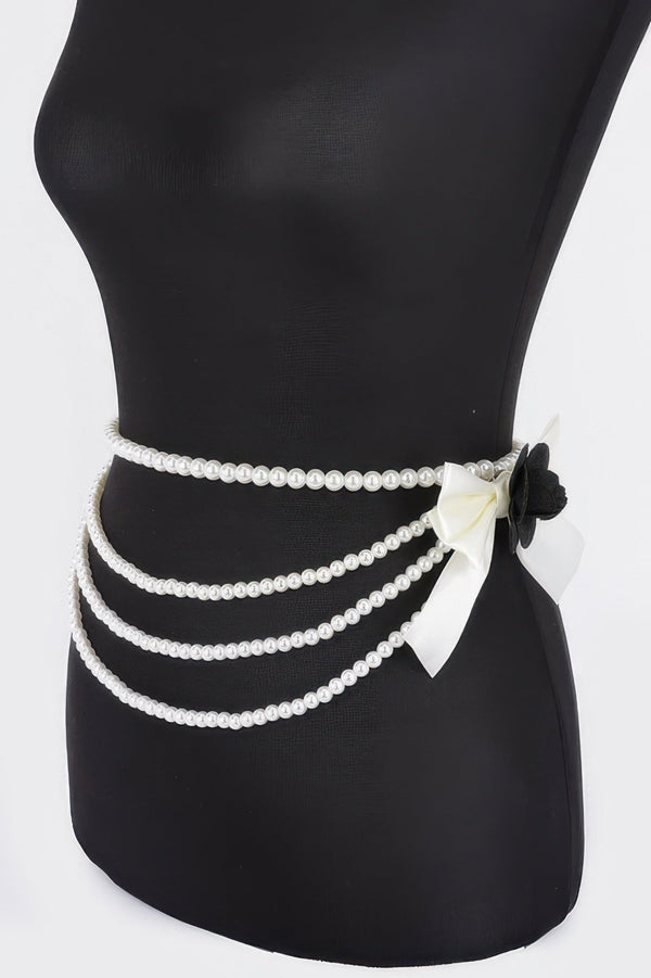 Layered Faux Pearl Flower Ribbon Belt - | SmartBuyApparel