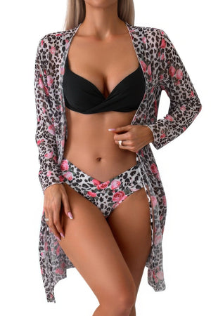 Leopard Print Bikini Kimono Three Pieces Swimsuit - | SmartBuyApparel