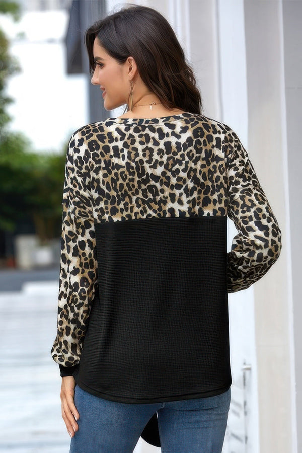 Leopard Stitching Bow Knit Crew Neck Loose Pullover - | SmartBuyApparel