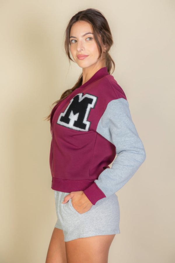Letter Patched Striped Trim Varsity Jacket - Women's jacket - SmartBuyApparel