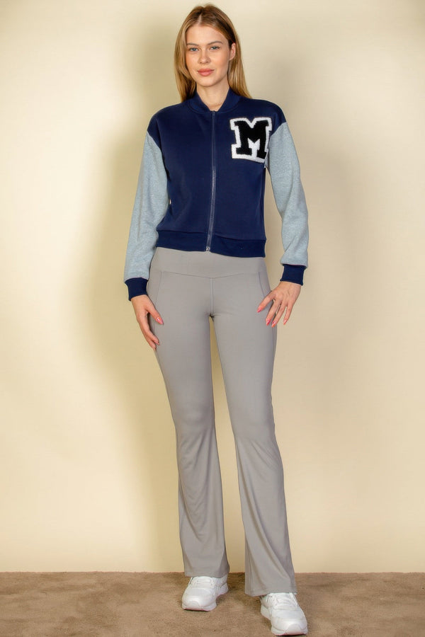 Letter Patched Striped Trim Varsity Jacket - Women's jacket - SmartBuyApparel